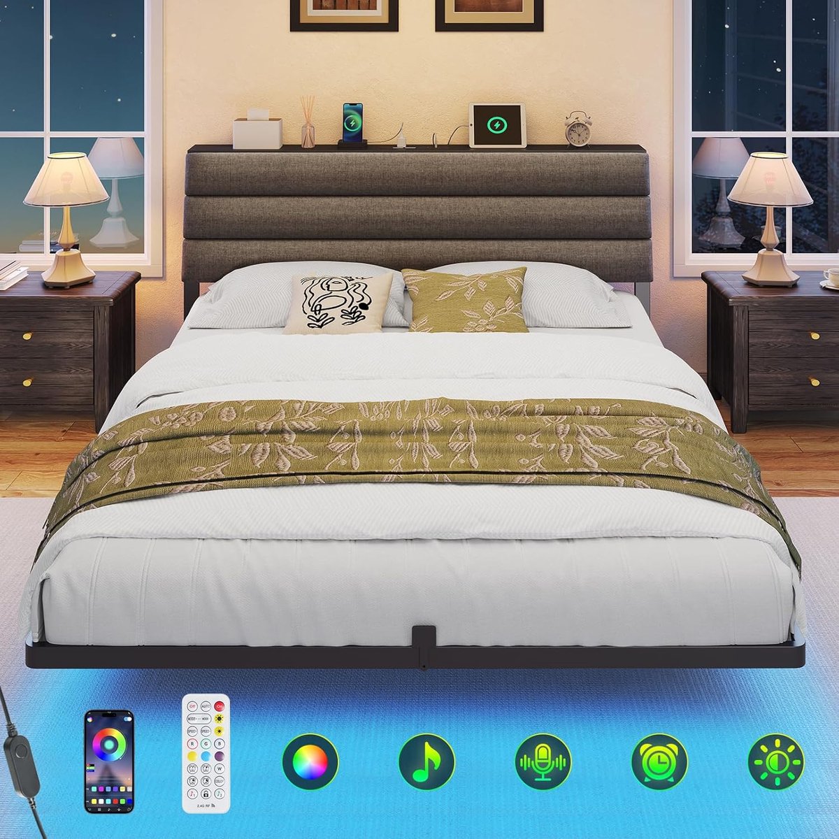 Luxe AuraFlow Zwevend LED Bedframe – Grijs – 140x190 cm – Industrohome