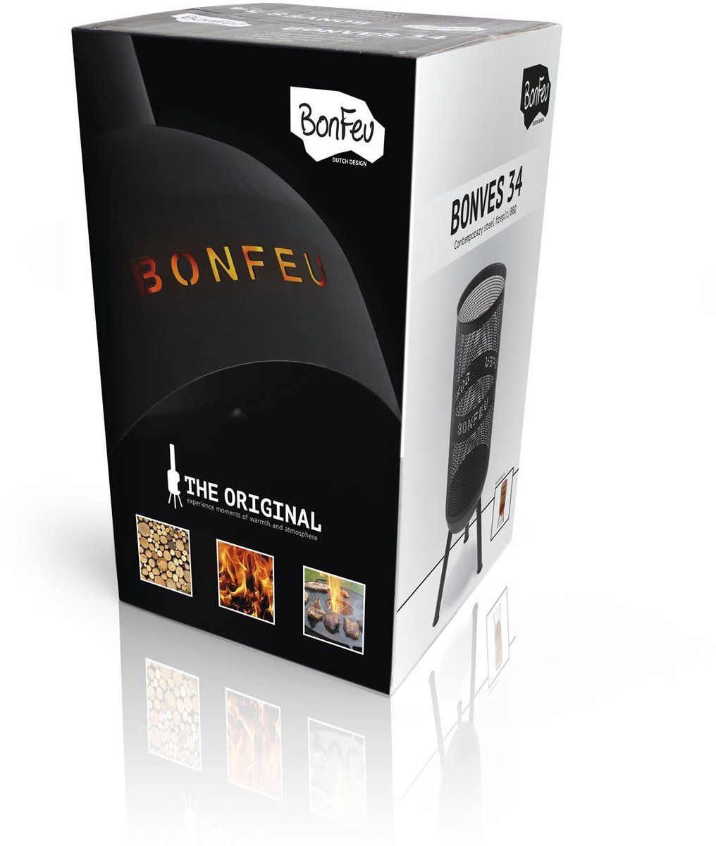 BonFeu BonVes Fire Basket 34 cm - With Grill Grate and Poker - Black