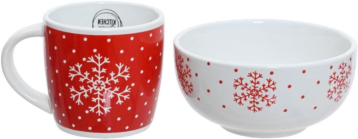 Ontbijt Set - Servies Kom Mok - Feestelijke Ontbijt - Sneeuwvlok Patroon - 1 Aantal - Rood/Wit