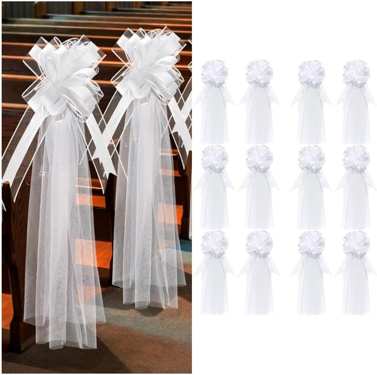 Set van 12 Witte Tulle Stoelbogen voor Bruiloften, Decoratie voor Kerkbanken en Auto's, Lange Bogen voor Feestelijke Gelegenheden