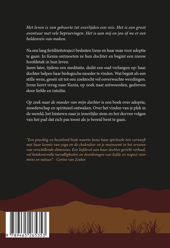 Boekomslag met tekst over een reis en adoptie, met bruine en rode golvende lijnen op de achtergrond.
