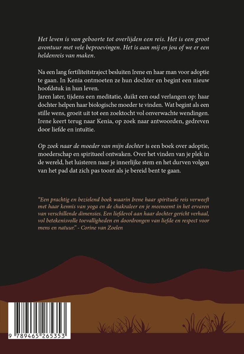 Boekomslag met tekst over een reis en adoptie, met bruine en rode golvende lijnen op de achtergrond.
