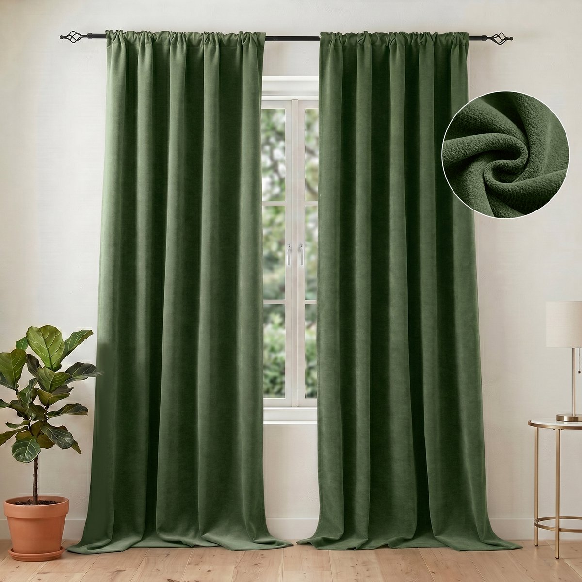 Qelus UltraZware Chenille Verduisterende Gordijn (2-panelen kant-en-klaar set) - 132x274cm - Thermisch Isolerend - Dubbelzijdige 510GSM Stof – 98% lichtdicht - 6-in-1 header- voor Slaapkamer & Woonkamer - Groen