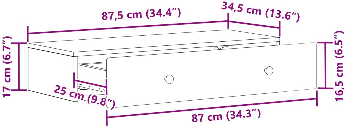 vidaXL Wandgemonteerde - Zijtafel - Sonoma - Eiken - 87,5 - x - 34,5 - x - 17 - cm Sonoma eiken