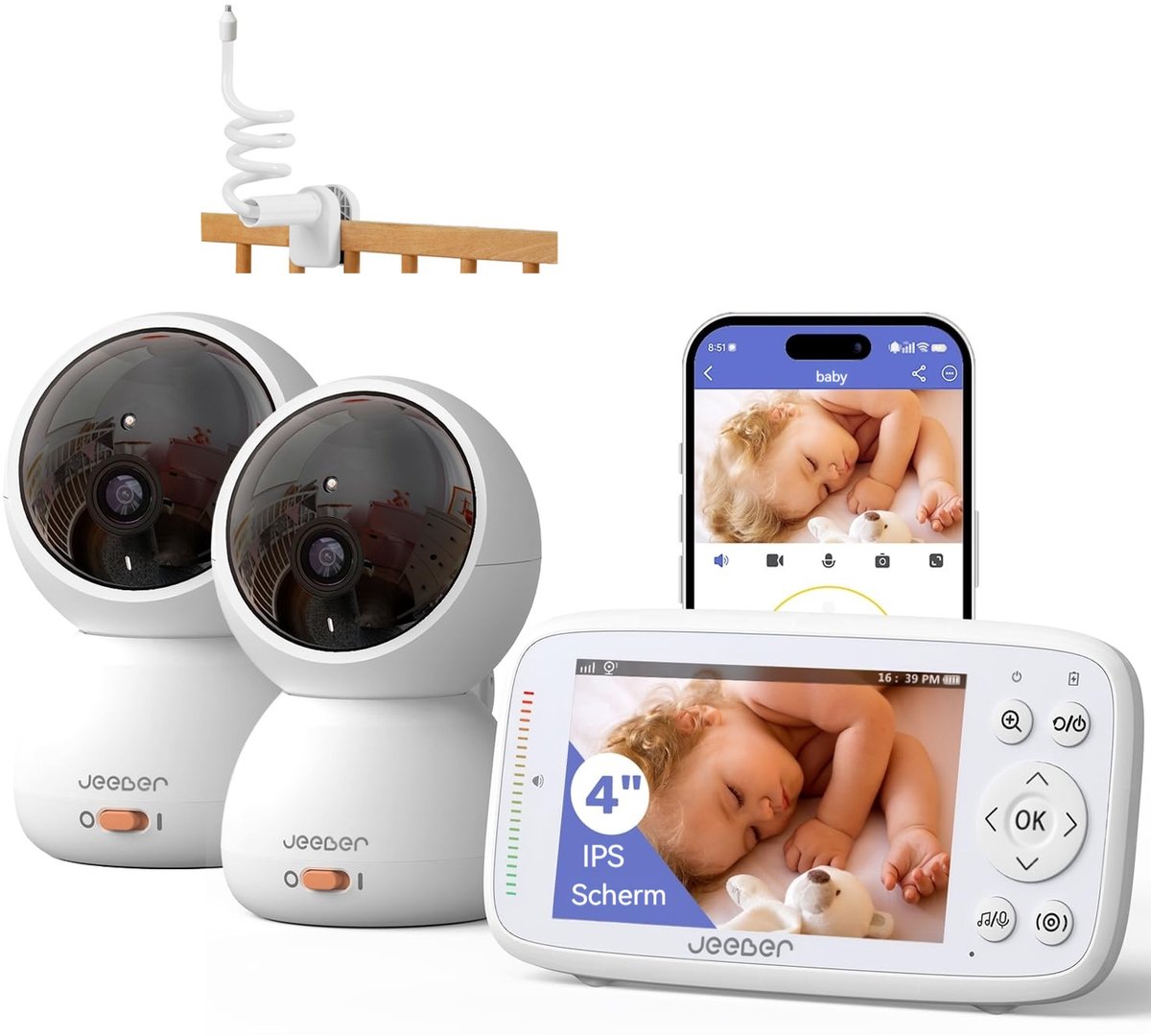 Wifi Babyfoon met 2 Camera's en Audio - Pan-Tilt-Zoom-Videocamera - 4-Inch IPS-Scherm - HD-Nachtzicht - Bewegings- en Huilherkenning - 360°-Beeld - Temperatuursensor - Voedingsherinnering - Slaapliedjes - Inclusief Flexibele Houders