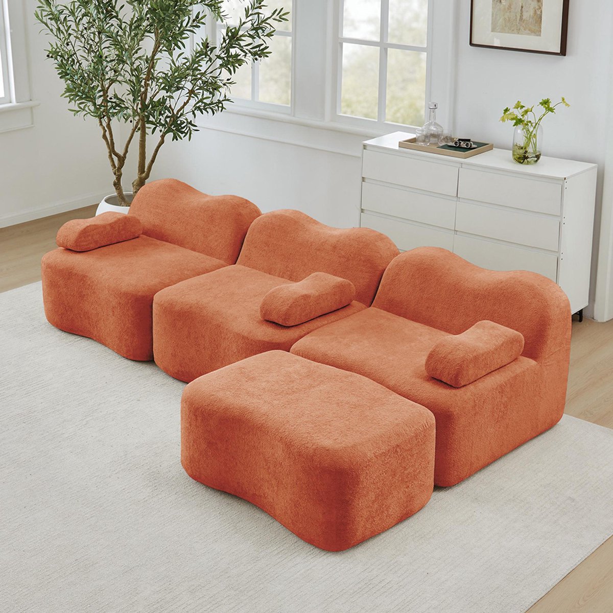 KOMHTOM BLACKCOLORS Modulaire 3-zits hoekbank in L-vorm met 1 chaise longue, 32D-schuim met hoge dichtheid, golvende vorm, diepe zitting, afneembaar armleuningkussen, voor de woonkamer, oranje