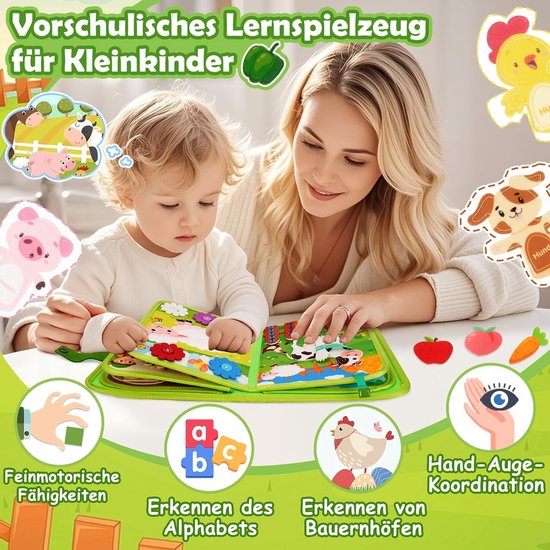 20-in-1 Rustig Boek voor Peuters - Montessori Speelgoed voor 1 Jaar - Zacht Vilt Stil Boek - Farm Thema - Sensorisch en Educatief Speelgoed - Perfect voor Autoreizen en Vliegtuig - Cadeau voor 1 2 3 Jaar — afbeelding 4