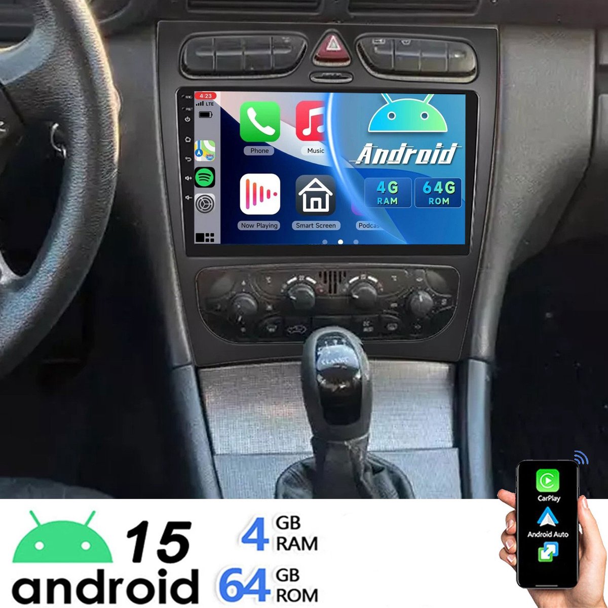 ESSGOO CarPlay autoradio geschikt voor Mercedes Benz CLK W209 C-Klasse W203 - Android 15 - 4GB + 64GB - Draadloos Apple Carplay & Android Auto - Bluetooth & Wifi GPS Navigatie