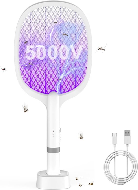 5000V Electric Fly Elektrische Vliegenmepper, Extra Sterke Vliegenmepper Elektrisch, 2 in 1 USB Type-C Elektrische Muggenmepper met Oplaadbare Batterij & UV Lichtval voor Muggen, Vliegen