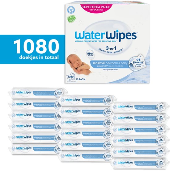 WaterWipes 1080 doekjes in totaal: 18 pakken met 60 doekjes, 99.9% water, voor gevoelige huid.