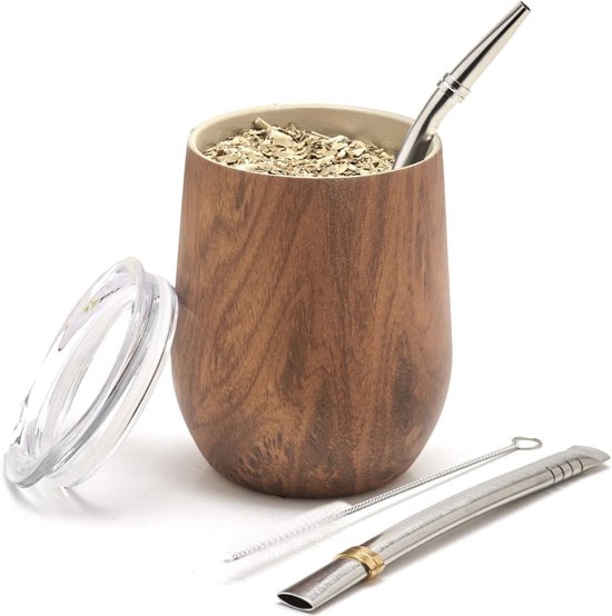 Set Yerba Mate Gourd moderne de 350 ml (Mate Cup) - Acier inoxydable 18/8 à double paroi - Comprend deux bombillas et une brosse de nettoyage (BOIS, 355 ml)