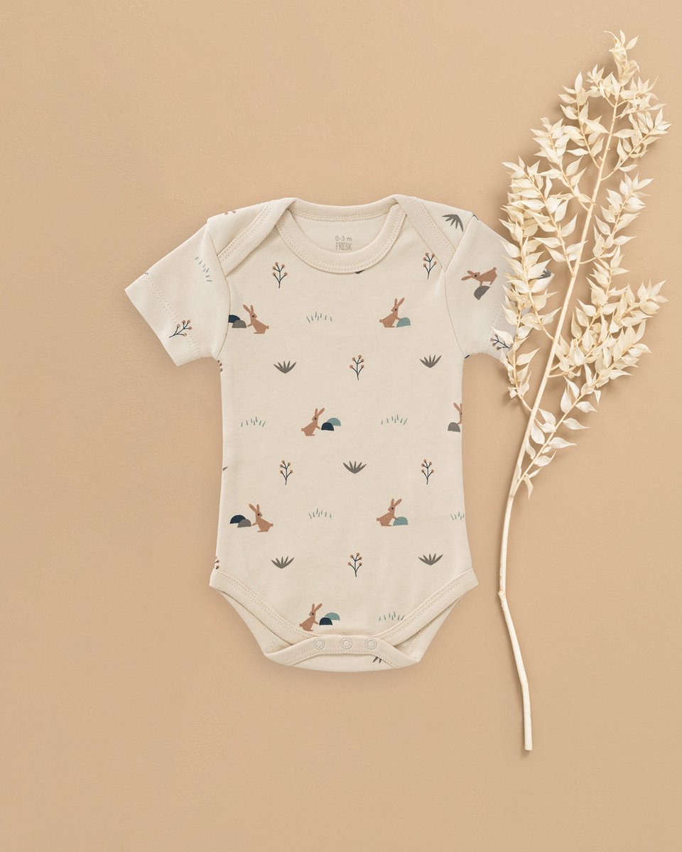 Fresk Romper met Korte Mouwen 0-3 m - Babykleding - Biologisch Katoen - Zand - Rabbit Sandshell