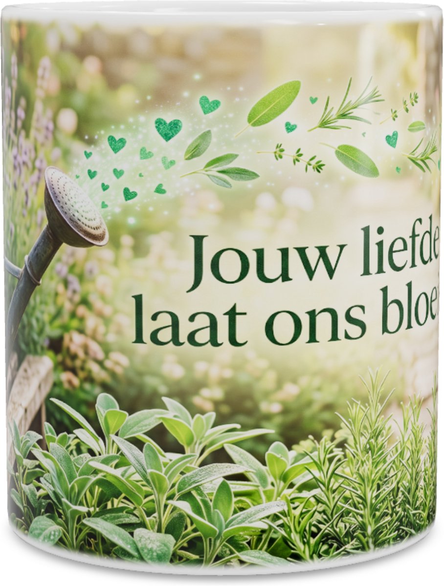 Mok De Zorgzame Gieter met Vintage Illustratie - Tekst Jouw liefde laat ons bloeien - Botanisch Moederdag Cadeau met Groene Hartjes
