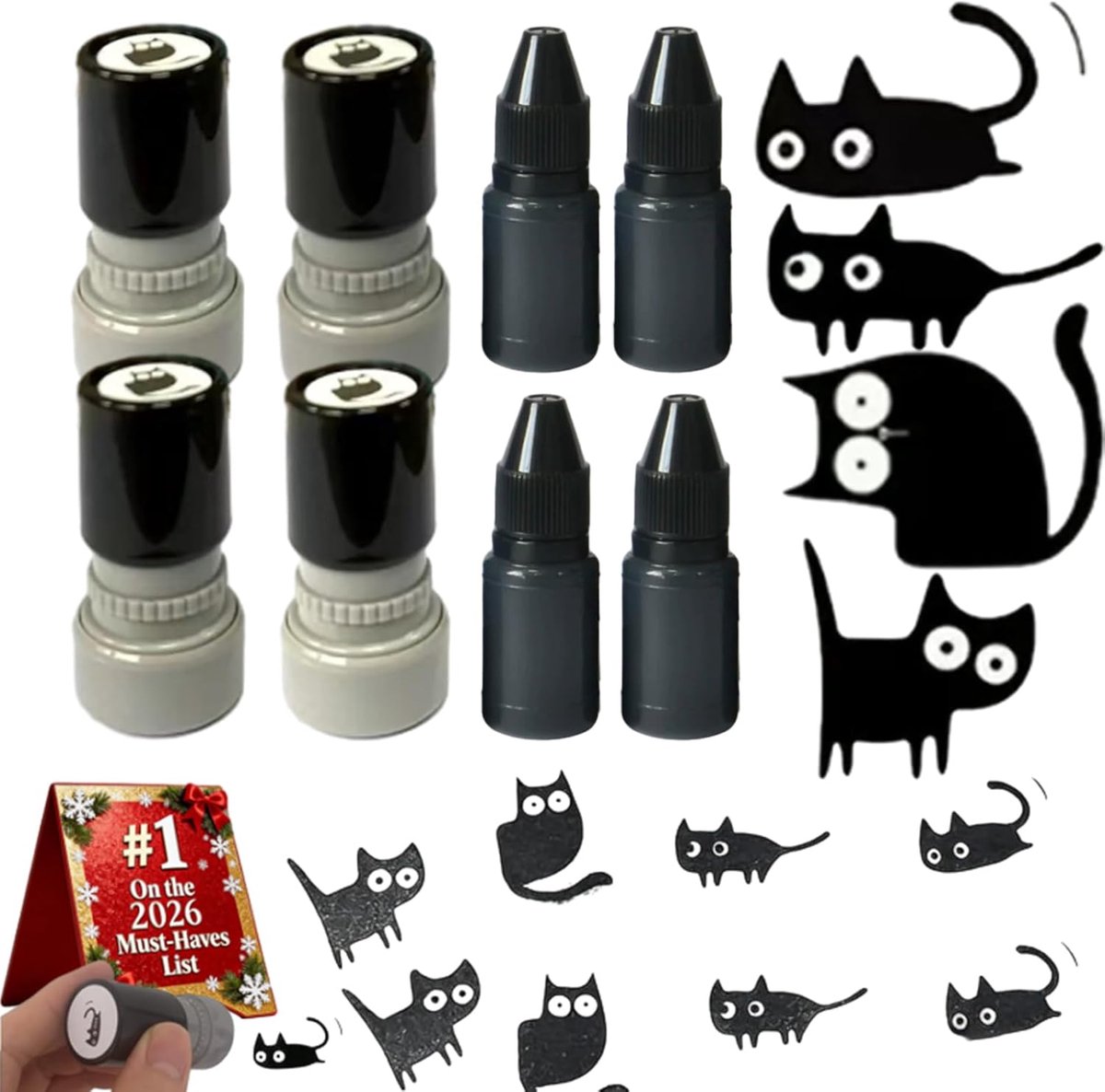 Katten Stempelset - 4 Stuks - Zelfinktende Stempels - Kattenstempels - Mini-Stempelset - Voor Bullet Journal, Knutselen & Scrapbooking - Inclusief 4x Zwarte Navulinkt - Decoratieve Stempels met Zwarte Katten - Knutselen Junior Cadeautip - SOLLBRY®