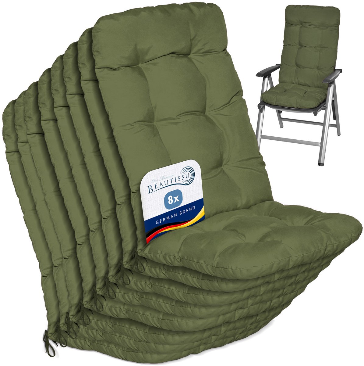 Beautissu Flair HL Stoelkussen Set 8x Hoge Rugleuning 120x50x8 cm Olijfgroen – Tuinstoelkussen