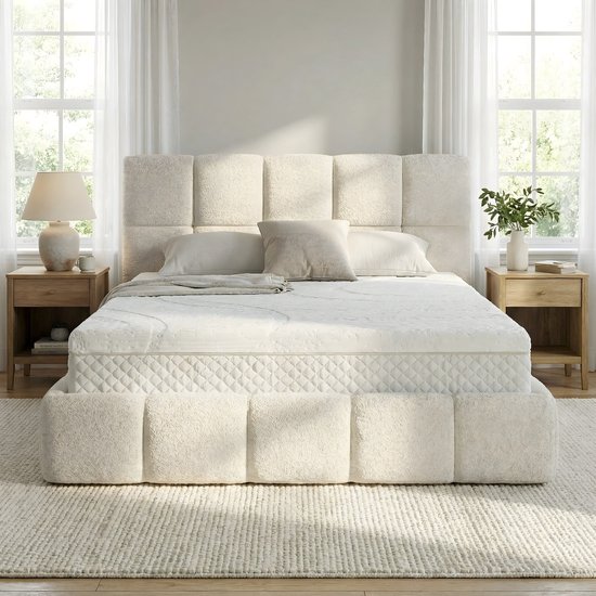 Een opgemaakt bed met een wit matras en een opvallend gestructureerd, crème-kleurig bedframe en hoofdbord, in een slaapkamer.
