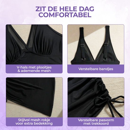 Maillot de bain noir avec décolleté en V, haut en mesh, bretelles réglables et jupe à cordon de serrage réglable.
