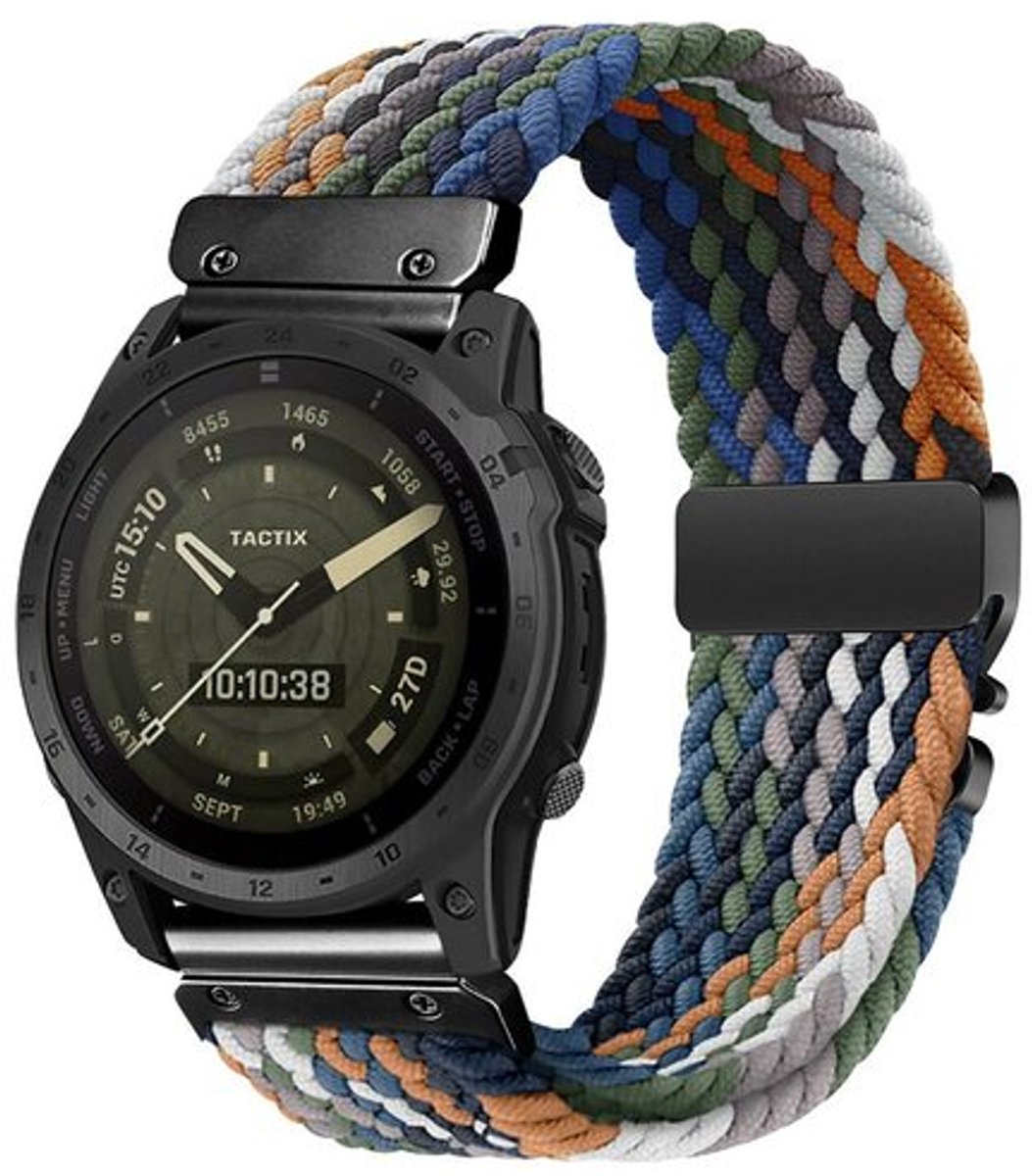 By Qubix - Geschikt voor Garmin bandje - 26mm Quickfit - Braided nylon band met parachute sluiting - Multicolor Dark - Geschikt voor Garmin Fenix 7X / 6X / 5X