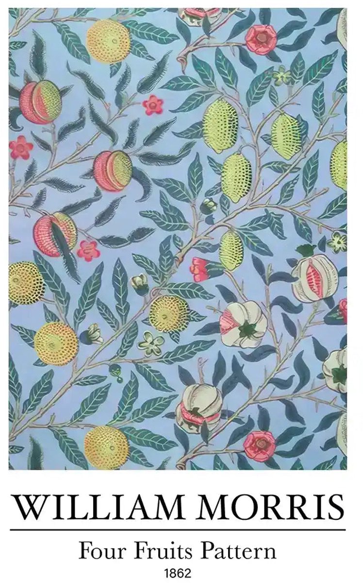 Yourwallarts.com - Wandpaneel - Canvas - William Morris Fruitpatroon Kleurrijke Vruchten Blauwe Achte