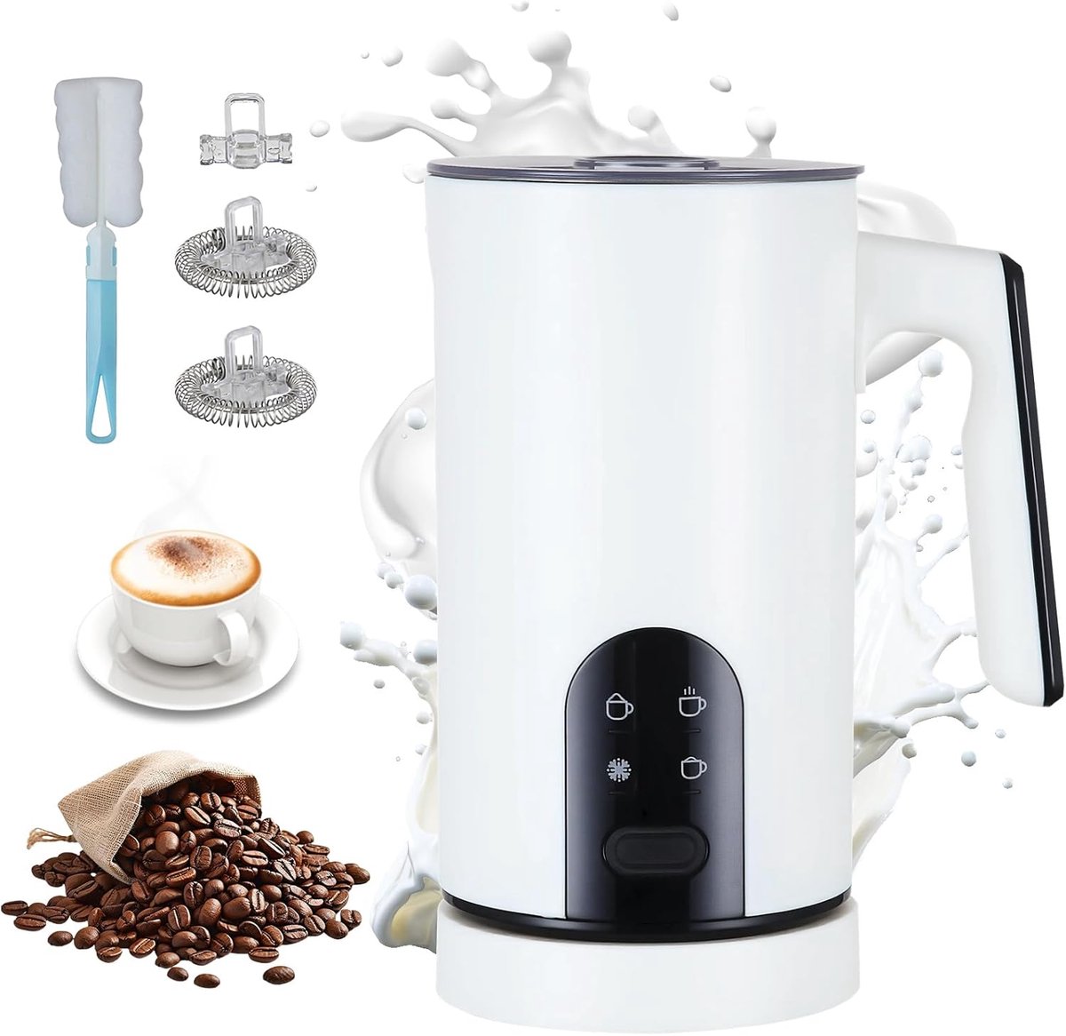 Witte 5-in-1 elektrische melkschuimer – Automatisch schuimen van warme en koude melk – Verwarmt en schuimt voor latte, cappuccino en warme chocolademelk – Stil, veilig & gemakkelijk schoon te maken – Geschikt voor elke keuken