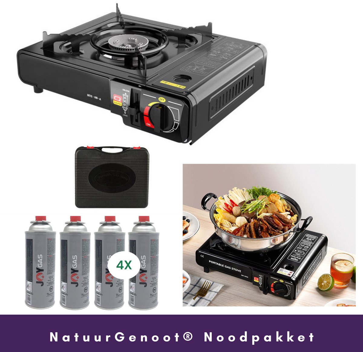 Camping gasstel- Zaklamp-camping gas Kooktoestel-Regenponcho- Lantaarn- Camping Gasbrander Set met Opbergkoffer en 4x Butaangas patronen-Noodpakket