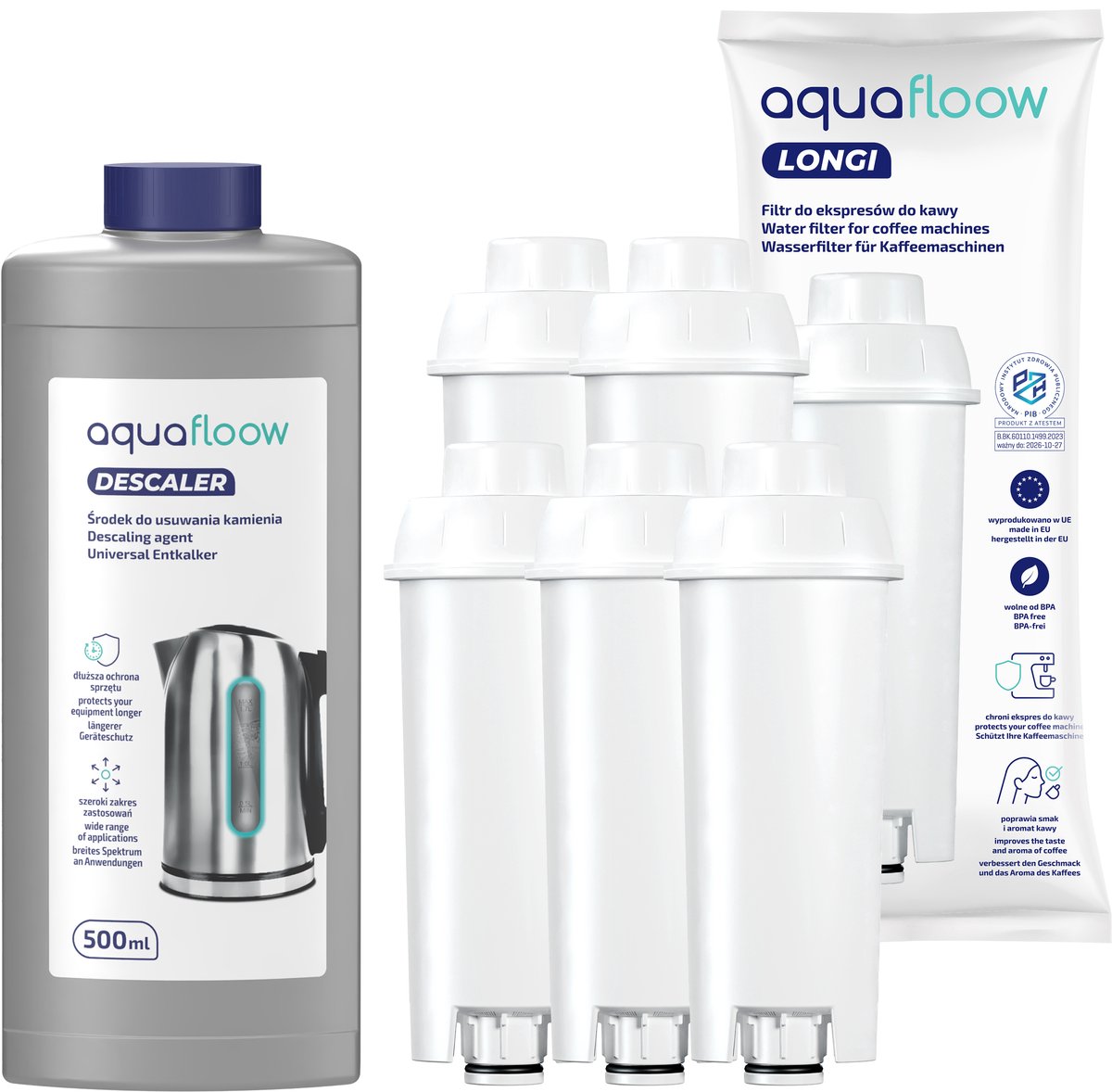 AquaFloow 5x Waterfilter voor DeLonghi Koffiemachine – Vervanging voor AquaClean SER3017 DLSC002 – met Ontkalker 500 ml