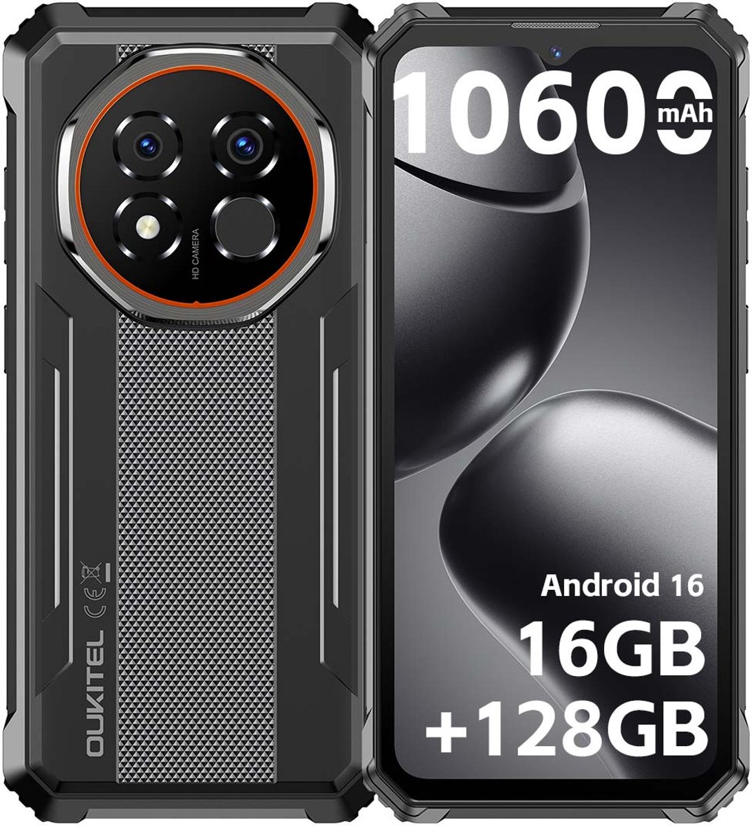 OUKITEL G6 Rugged Smartphone - 16GB RAM - 128GB ROM - 6,52 inch - 10600 mAh - Android 16 - IP68/IP69K Outdoor telefoon - NFC GPS - Zwart