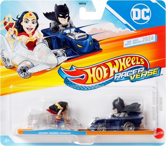 Hot Wheels Racer Verse verpakking met DC Comics Wonder Woman en Batman in raceauto's.