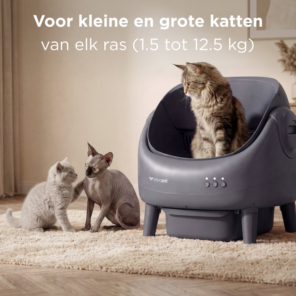 TrevoPet® Air - Automatische Kattenbak met App - Zelfreinigend & Veilig - Voor Katten tot 12KG - Incl. Mat, 60 Afvalzakjes & Accessoires - 10L Afvalbak - Grijs thumbnail 4