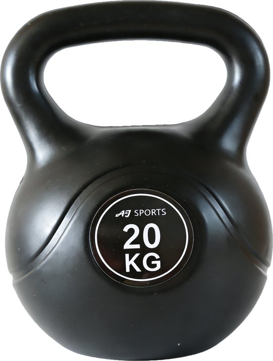Zwarte 20 kg kettlebell van AJ-Sports met een ronde basis en een handvat.