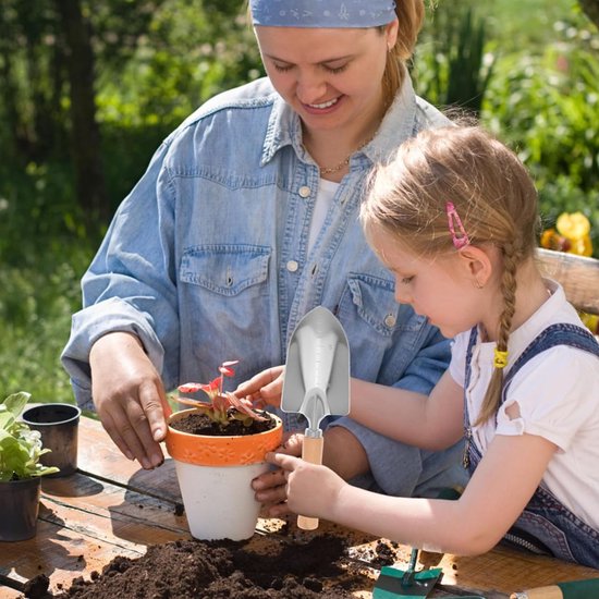 Tuinschep - Roestvrijstalen tuinschep - Tuinschep met breed blad - Kleine tuinschep - Tuinschep met houten handvat - Roestvrijstalen tuinschep met houten handvat - Houten handvat - Matte afwerking - Geschikt voor planten en graven - Zilver, beige van Merkloos	 — afbeelding 5