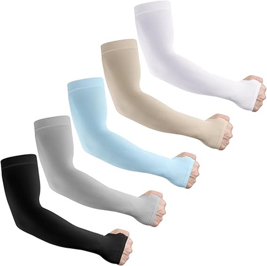 Vijf armmouwen in verschillende kleuren: zwart, grijs, lichtblauw, beige en wit, met duimopening