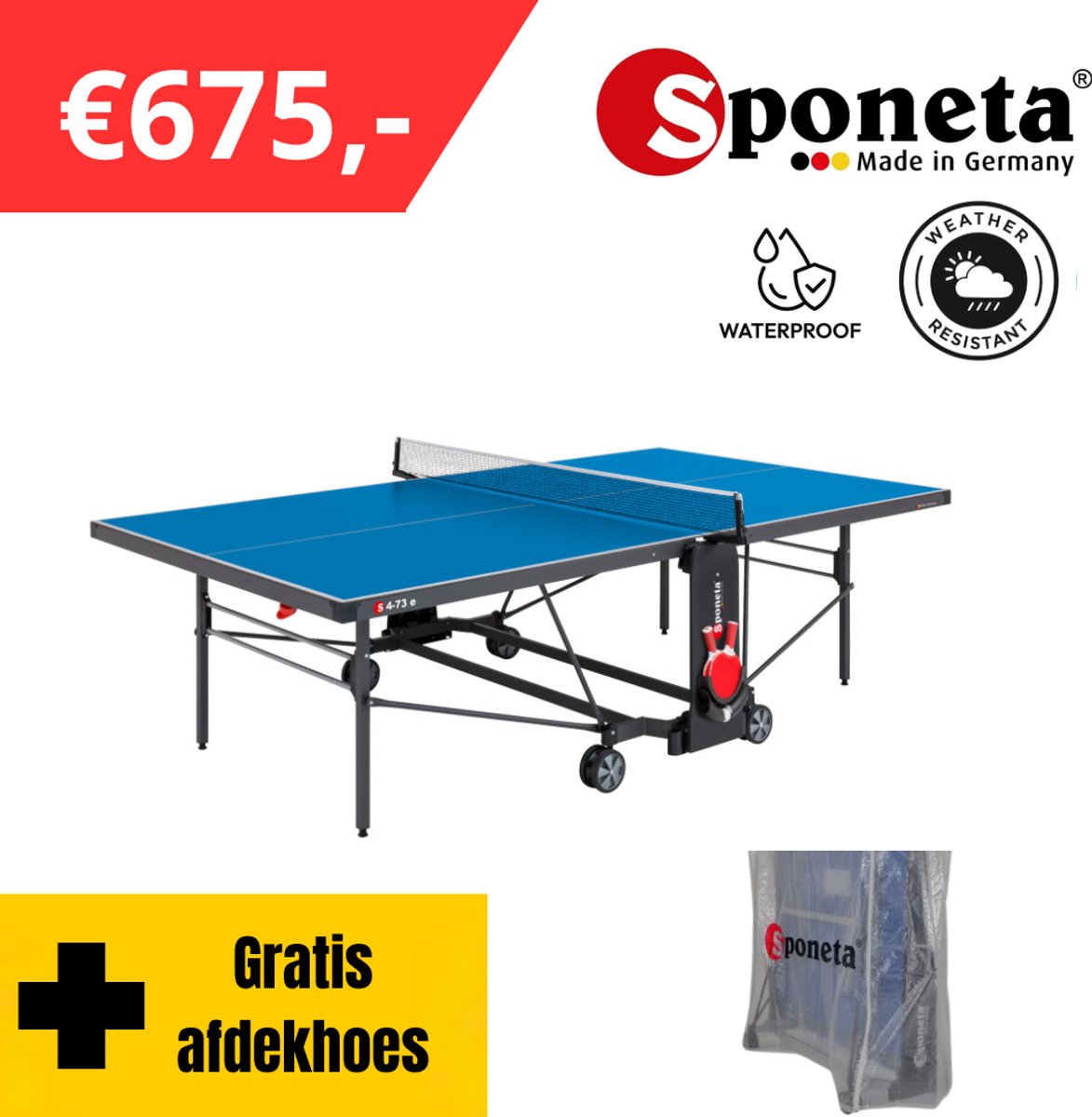 Sponeta® S4-73e Tafeltennistafel Outdoor - Expertline - Pingpongtafel voor buiten - Speeltoestel voor buiten - Inklapbaar - Zelftrainer - Inclusief batshouder - 5mm weersbestendig blauw blad - 10 Jaar garantie - LxBxH 274x152,5x76cm - Made in Germany