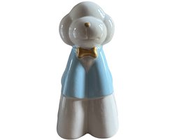 Labradoodle / Poedel Hondenurn – 850 ml – Keramiek – Handgemaakt – Wit met Lichtblauw – Gouden Strik