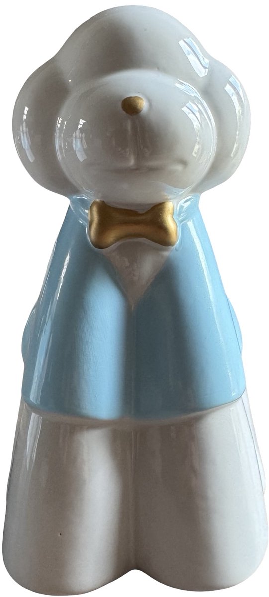 Labradoodle / Poedel Hondenurn – 850 ml – Keramiek – Handgemaakt – Wit met Lichtblauw – Gouden Strik