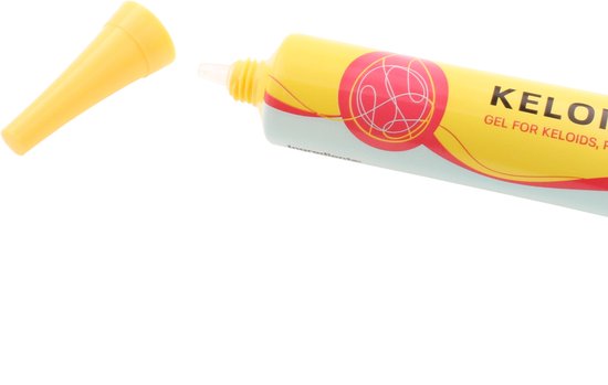 Gele tube 'KELOID BUMP GEL', de dop ligt ernaast. Cirkelvormig roze en geel logo.
