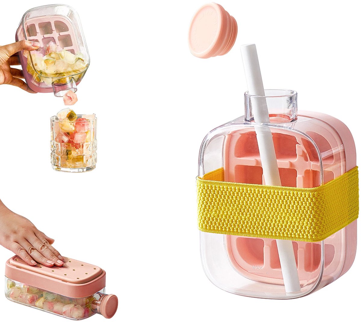 2-in-1 ijsblokjesfles met rietje - IJsblokjesfles met drukmechanisme - Lekvrije dop - Staande ijsblokjesmaker - Geschikt voor koelkast, reizen, sportschool en thuisgebruik (roze, 500 ml)