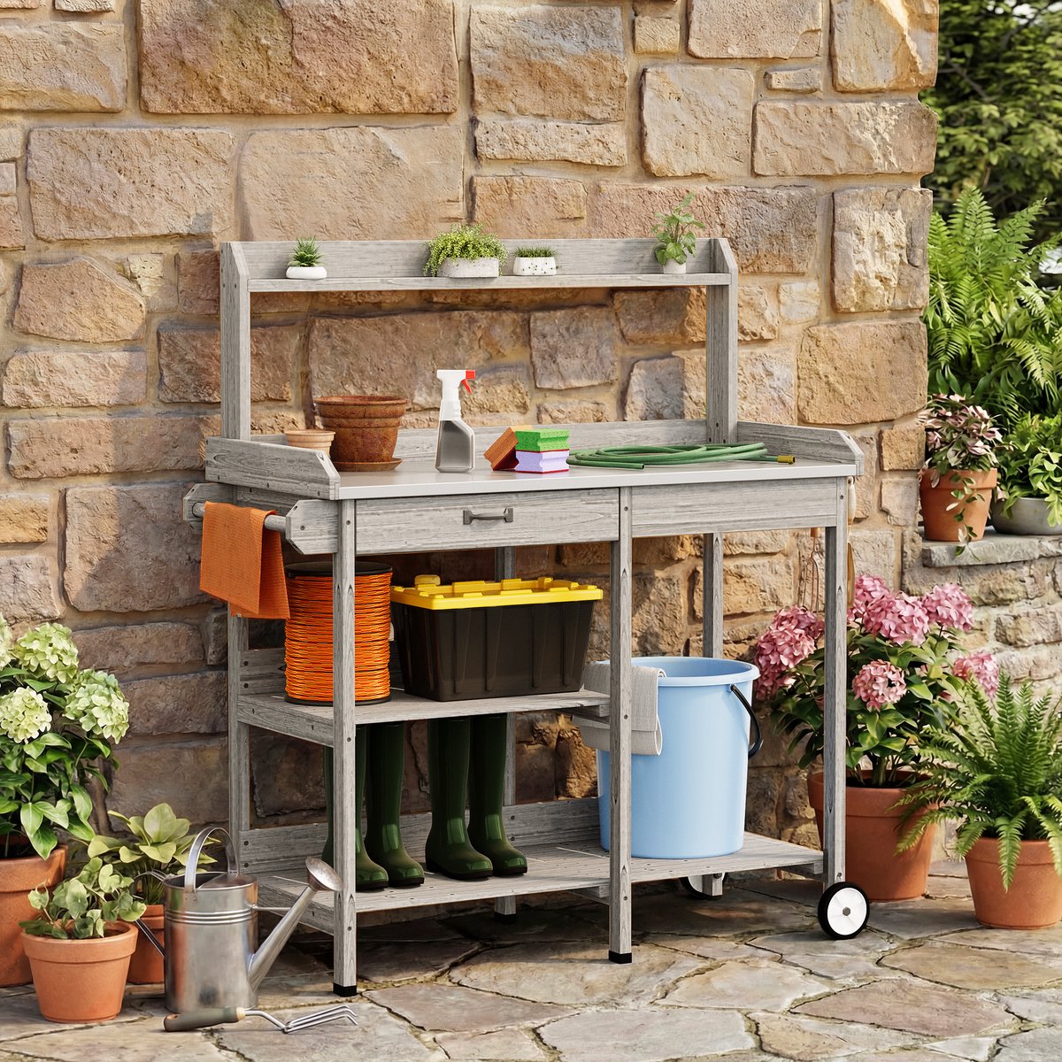 Xbro Tuinkast met Waterdicht Werkblad en Opbergvakken – Plantentafel met Lade, Haken & Wielen – Voor Binnen & Buiten – Houten Opbergkast voor Tuin & Balkon – 112 x 43 x 120 cm,Grijs