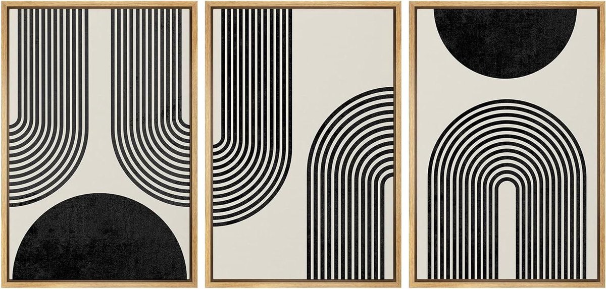 Ingelijste Canvas Kunst - Wanddecoratie Set - Woonkamer Decoratie - Abstract Geometrisch Design - 3x 16x24 Inch - Zwart Wit
