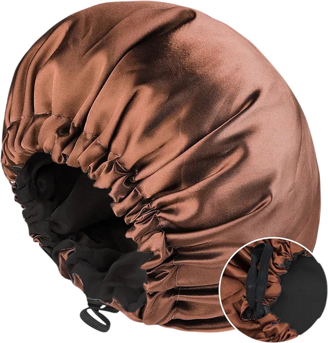 Satijnen Slaap Bonnet – Zijden Haar Bonnet Dubbele Laag, Omkeerbaar & Verstelbaar Slaapmuts voor Haarverzorging, Nachtmuts voor Slapen en Haar Bescherming - Bruin