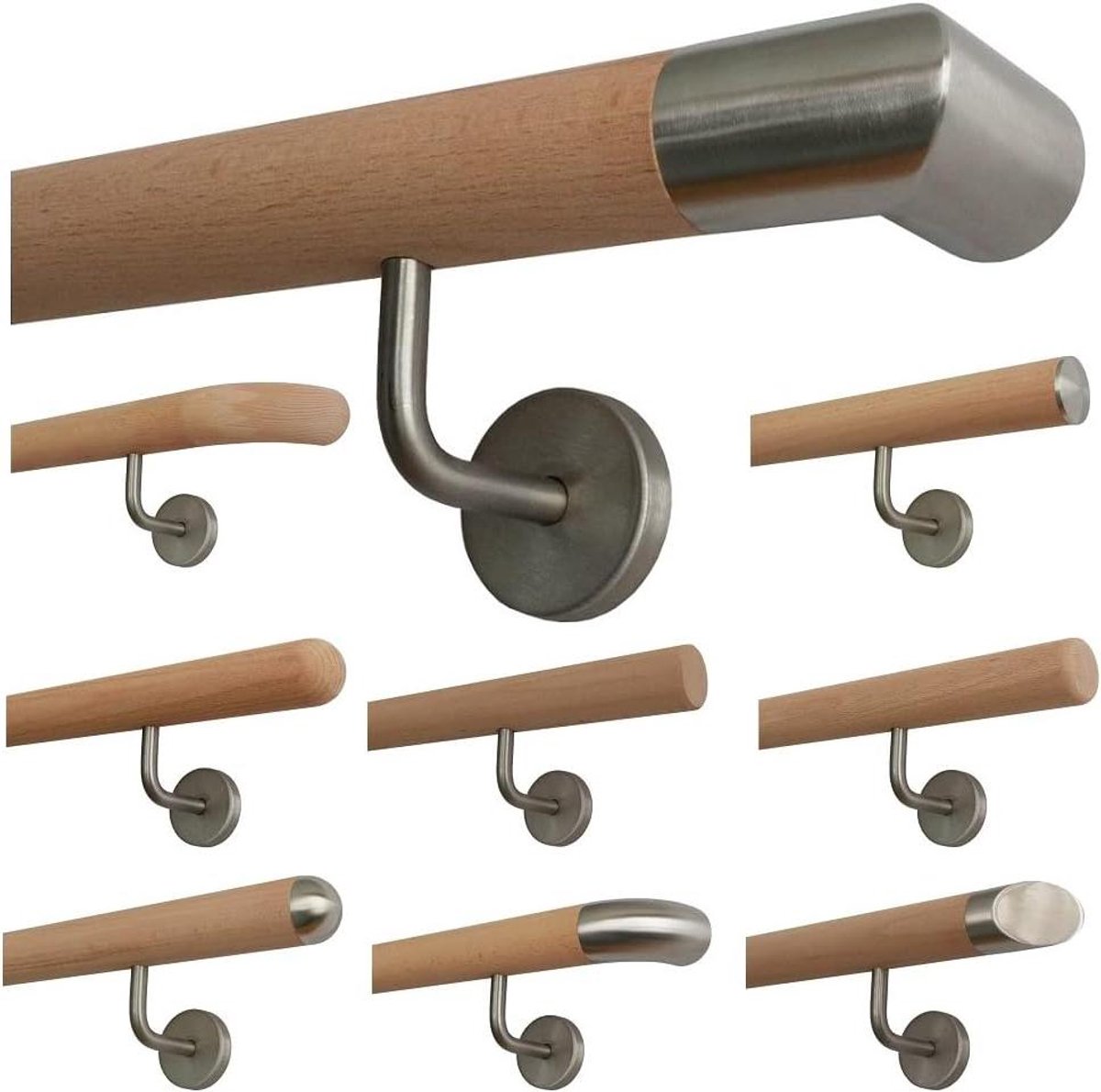 Houten Leuning - Beuken Leuning - Veilig Traplopen - Roestvrijstalen Houders - 42mm Diameter - Onbehandeld Beuken