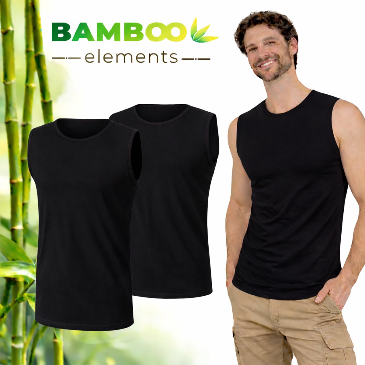 Bamboo Elements - Mouwloos Shirt Heren - Zwart - M - 2 pack - Tanktop Heren - Ondershirt Heren