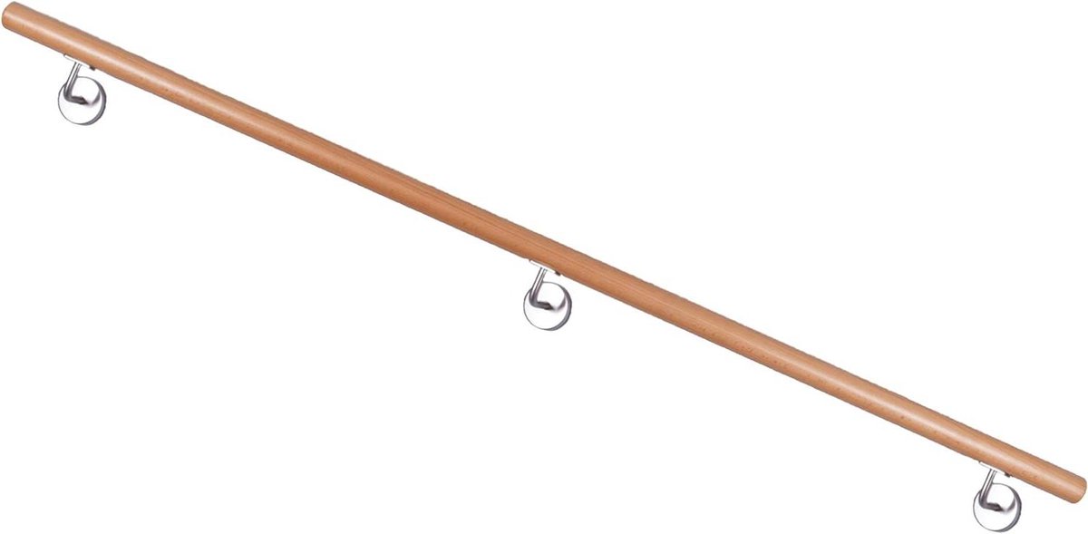Houten trapleuning - Stevig handvat - Veilig traplopen - Roestvrijstalen houder - Tot 4 meter - Bruin