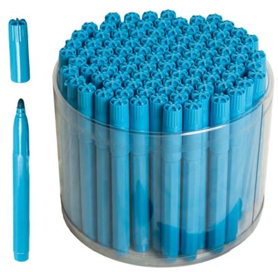 Cilinder met 100+ blauwe stiften, met dop. Eén stift en dop apart afgebeeld.