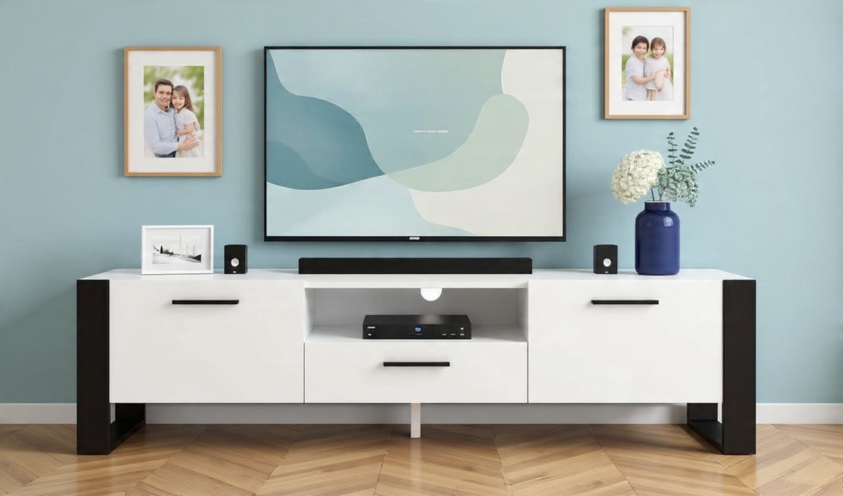 TV meubel 200x43x48 cm – Modern lowboard met 3 deuren & open vak – TV kast met kabeldoorvoer en greeploos design voor 60 inch – Urbanhome