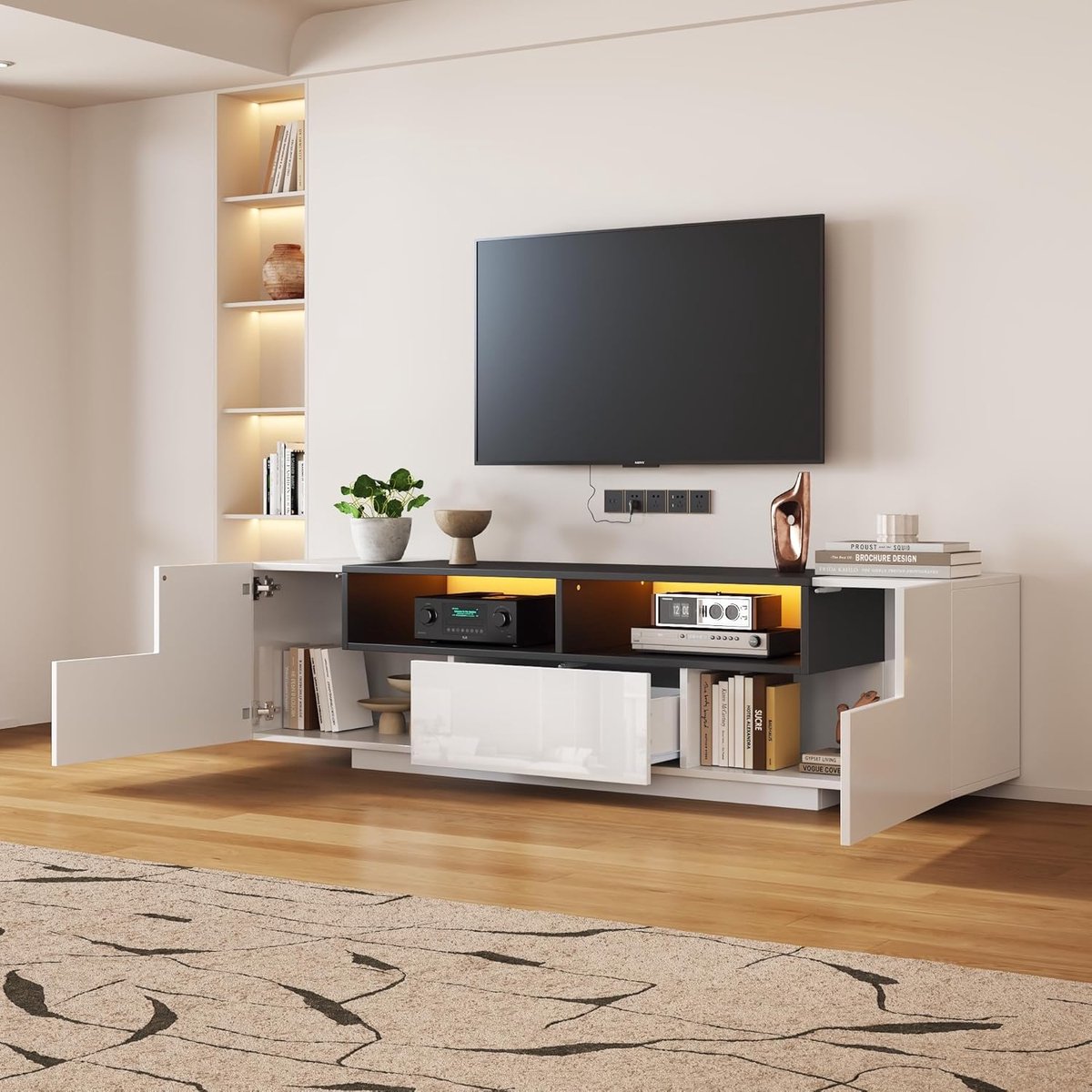 TV-meubel Modern LED Hoogglans Wit met L-Vormige Opbergruimte, Lade en App-Verlichting voor 75 Inch TV – 180 x 40 x 48 cm – Urbanhome