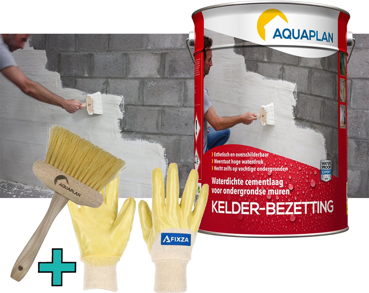 Aquaplan Kelder-Bezetting – set – Waterdichte Cementcoating voor Keldermuren – Bestand tegen Waterdruk – Voor Vochtige Ondergronden 5 kg
