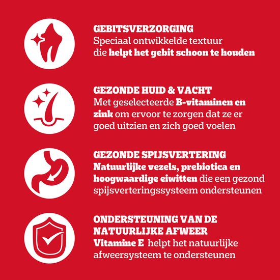 Tandverzorging, gezonde huid & vacht met B-vitamines en zink, gezonde spijsvertering met vezels en prebiotica, ondersteuning van natuurlijke afweer met vitamine E.
