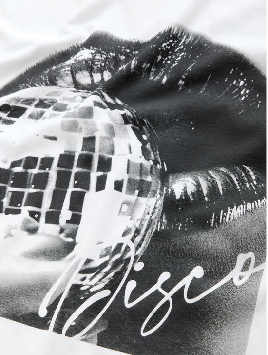 Wit T-shirt met een print van lippen, een discobal en 'Disco'