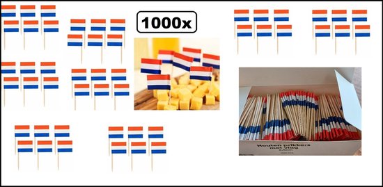 1000x Cocktailprikkers met Nederlandse vlaggetjes, geleverd in een doos.